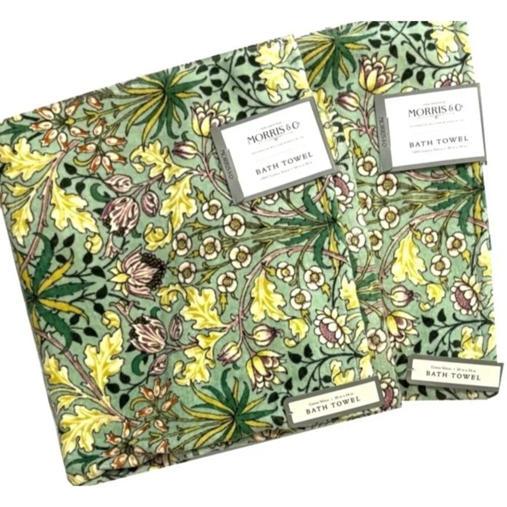 William Morris Set Of 2 Bath Towels Hyacinth Green Yellow Floral Cotton Velour